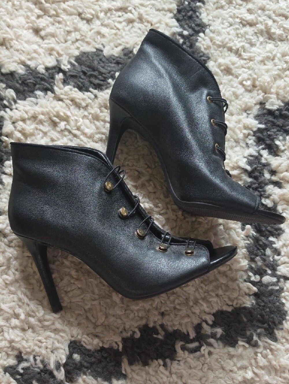 Enzo Angiolini ~Frances~Black Peep-Toe Lace-Up Heeled Booties with Gold Hardware - Picture 2 of 9